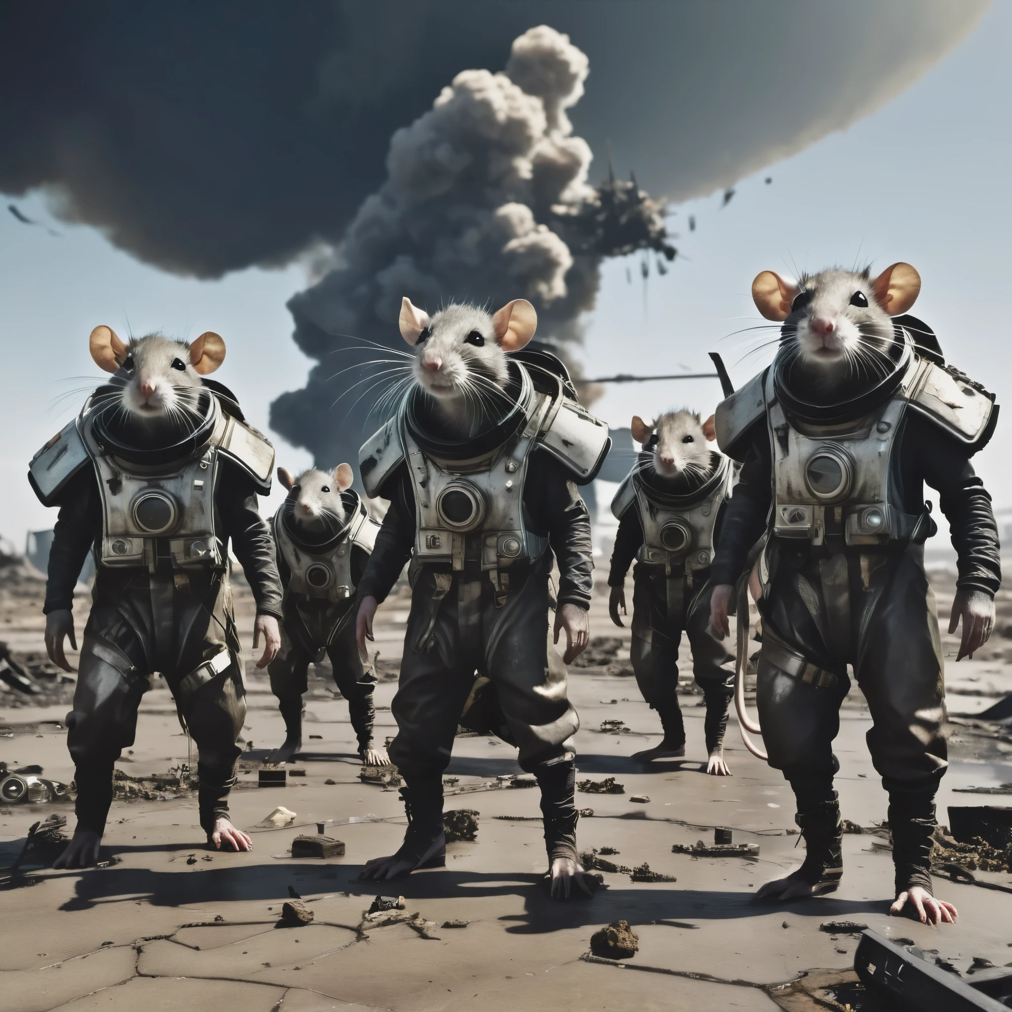 A group of small rat-like humanoids dressed in scavenged piecemeal outfits scavenge crashed space ships in an apocalyptic wasteland