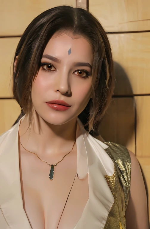 Sexy woman, Black hair tied into a bun, smoky eyes, Eyeliner, blush, The fairest skin, Plump face, soft lips, blouse detailed with gold, White saree with gold border, Nailed to the wall,Huge Breasts,Breast sagging and cleavage showing