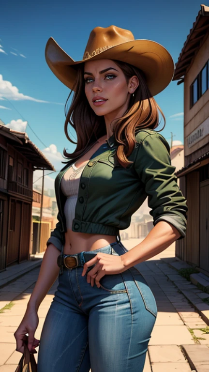 Hyperrealistic photo of Kate Beckinsale Cartoon style digital illustration close up, obra de arte, melhor qualidade, (fotorrealista:1.4), (roupa de vaqueiro, jaqueta por cima da camisa, dirty pants, cowboy hat) Create dystopian obra de artes. Tema ocidental, atmosfera empoeirada, wooden buildings, a setting sun casting long shadows, trajes envelhecidos e desgastados, expectativa no ar, impasse intenso, rua vazia, cidade deserta, Mulher bonita, magrelo, seios pequenos, cabelo castanho liso, rosto detalhado, sorriso, photo taken from a distance, 20 anos, tears of old style Cartoon style digital illustration