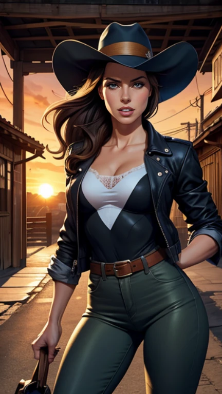 Hyperrealistic photo of Kate Beckinsale Cartoon style digital illustration close up, obra de arte, melhor qualidade, (fotorrealista:1.4), (roupa de vaqueiro, jaqueta por cima da camisa, dirty pants, cowboy hat) Create dystopian obra de artes. Tema ocidental, atmosfera empoeirada, wooden buildings, a setting sun casting long shadows, trajes envelhecidos e desgastados, expectativa no ar, impasse intenso, rua vazia, cidade deserta, Mulher bonita, magrelo, seios pequenos, cabelo castanho liso, rosto detalhado, sorriso, photo taken from a distance, 20 anos, tears of old style Cartoon style digital illustration