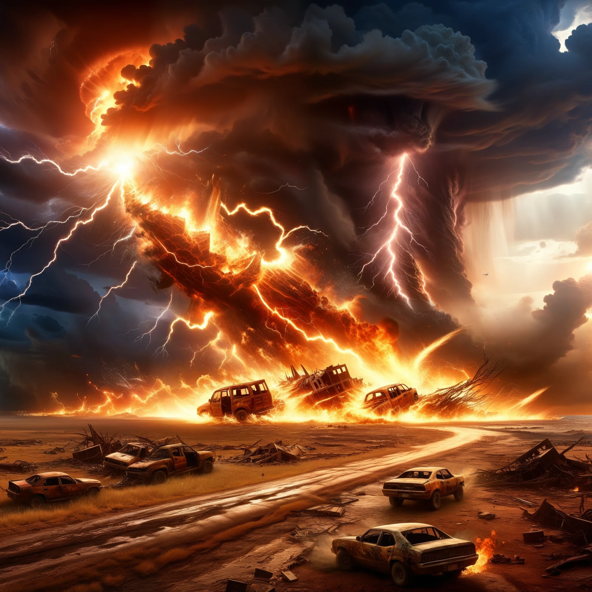 The prompt for the given theme: "lightning fire tornadoes ravage a desolate world, a testament to its dying breath" can be generated as follows:
"lightning fire tornadoes, barren apocalyptic landscape, destructive chaos, remnants of civilization, burning ruins, glowing embers, swirling inferno, ominous dark clouds, desolation and despair, abandoned cities, crumbling buildings, violent winds, crashing thunder, terrifying spectacle, last gasps of life, devastation and ruin, haunting aftermath, surreal atmosphere, post-apocalyptic nightmare, vivid and intense colors, flickering flames, mesmerizing destruction, atmospheric lighting, epic catastrophe, nature's wrath, dying world, distorted reality, whirlwind of destruction, twisted and contorted landscape, fierce and uncontrollable forces, awe-inspiring and chilling scene, grim and bleak horizon, powerful surge of energy, cataclysmic display, desperate struggle for survival, final chapter unfolding, haunting beauty amidst chaos, remnants of hope in the darkness, eerie and otherworldly sensation, cataclysmic event on the brink of extinction, surreal and haunting imagery, powerful symbolism."
Remember to organize the tags from more important to less important.