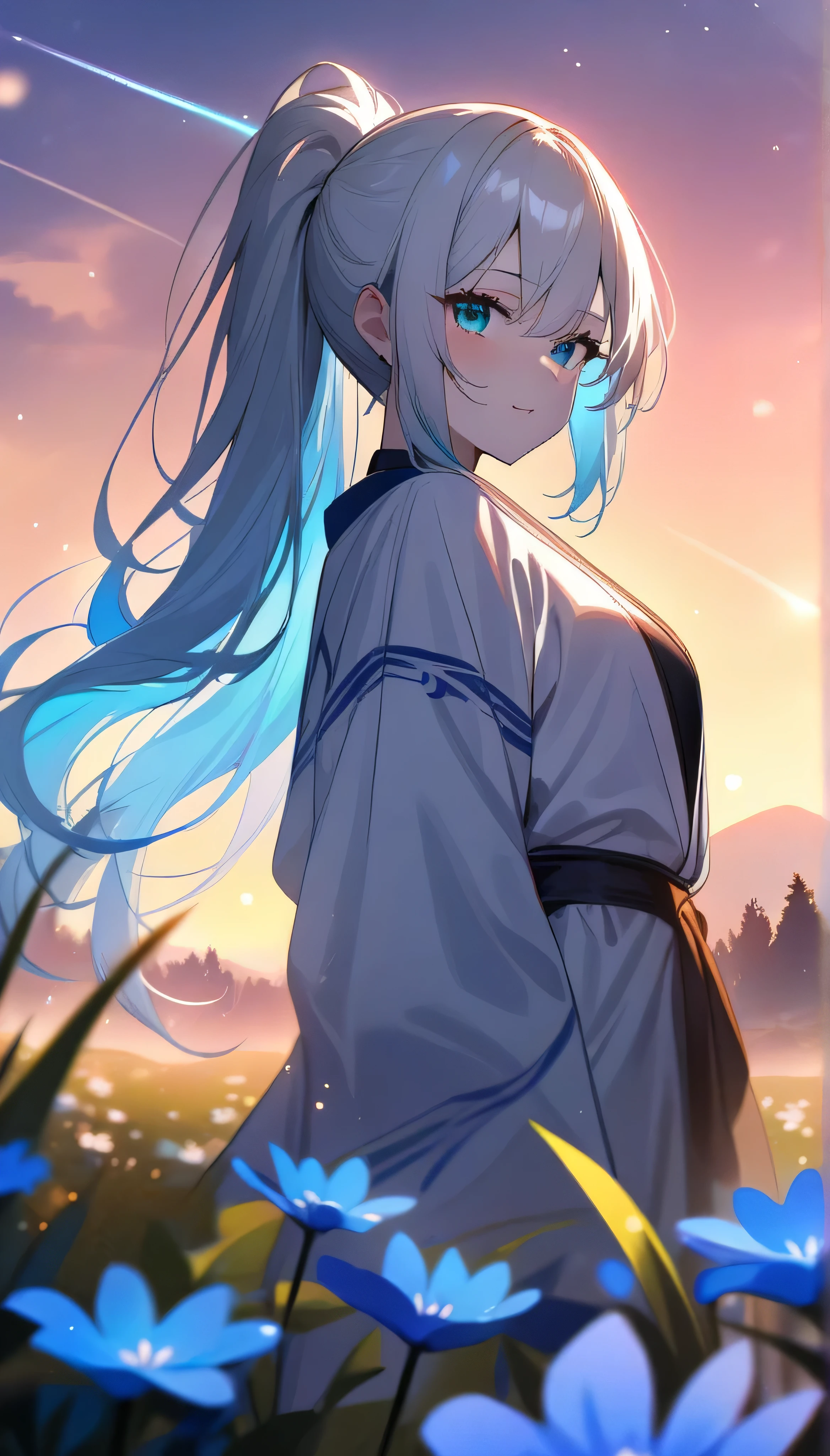Resolution full, best quality, masterpiece, full HD, blue aura. beautifull girl, foggy theme, super detailed, 1girl, cute girl, long hair, silver hair, pony tail hair. detailed beautiful aqua eyes, white kimono. holding glowing katana. from below, focus at girl. Badass scene. in flower field. Mountains. Day sky, gradient sky, sunset. Shooting stars. bokeh. Particle bokeh. Depth of field.
