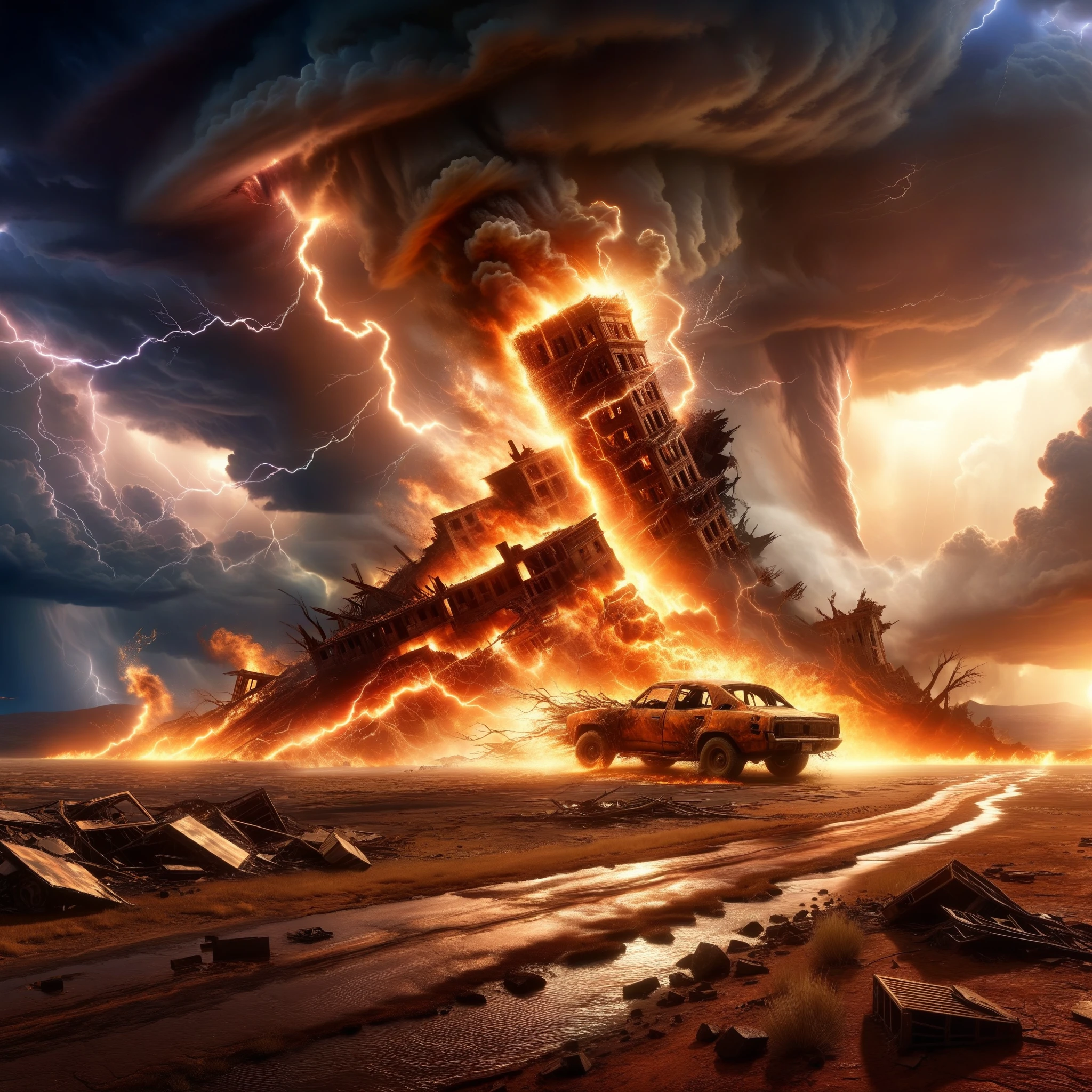 The prompt for the given theme: "lightning fire tornadoes ravage a desolate world, a testament to its dying breath" can be generated as follows:

"lightning fire tornadoes, barren apocalyptic landscape, destructive chaos, remnants of civilization, burning ruins, glowing embers, swirling inferno, ominous dark clouds, desolation and despair, abandoned cities, crumbling buildings, violent winds, crashing thunder, terrifying spectacle, last gasps of life, devastation and ruin, haunting aftermath, surreal atmosphere, post-apocalyptic nightmare, vivid and intense colors, flickering flames, mesmerizing destruction, atmospheric lighting, epic catastrophe, nature's wrath, dying world, distorted reality, whirlwind of destruction, twisted and contorted landscape, fierce and uncontrollable forces, awe-inspiring and chilling scene, grim and bleak horizon, powerful surge of energy, cataclysmic display, desperate struggle for survival, final chapter unfolding, haunting beauty amidst chaos, remnants of hope in the darkness, eerie and otherworldly sensation, cataclysmic event on the brink of extinction, surreal and haunting imagery, powerful symbolism."

Remember to organize the tags from more important to less important.