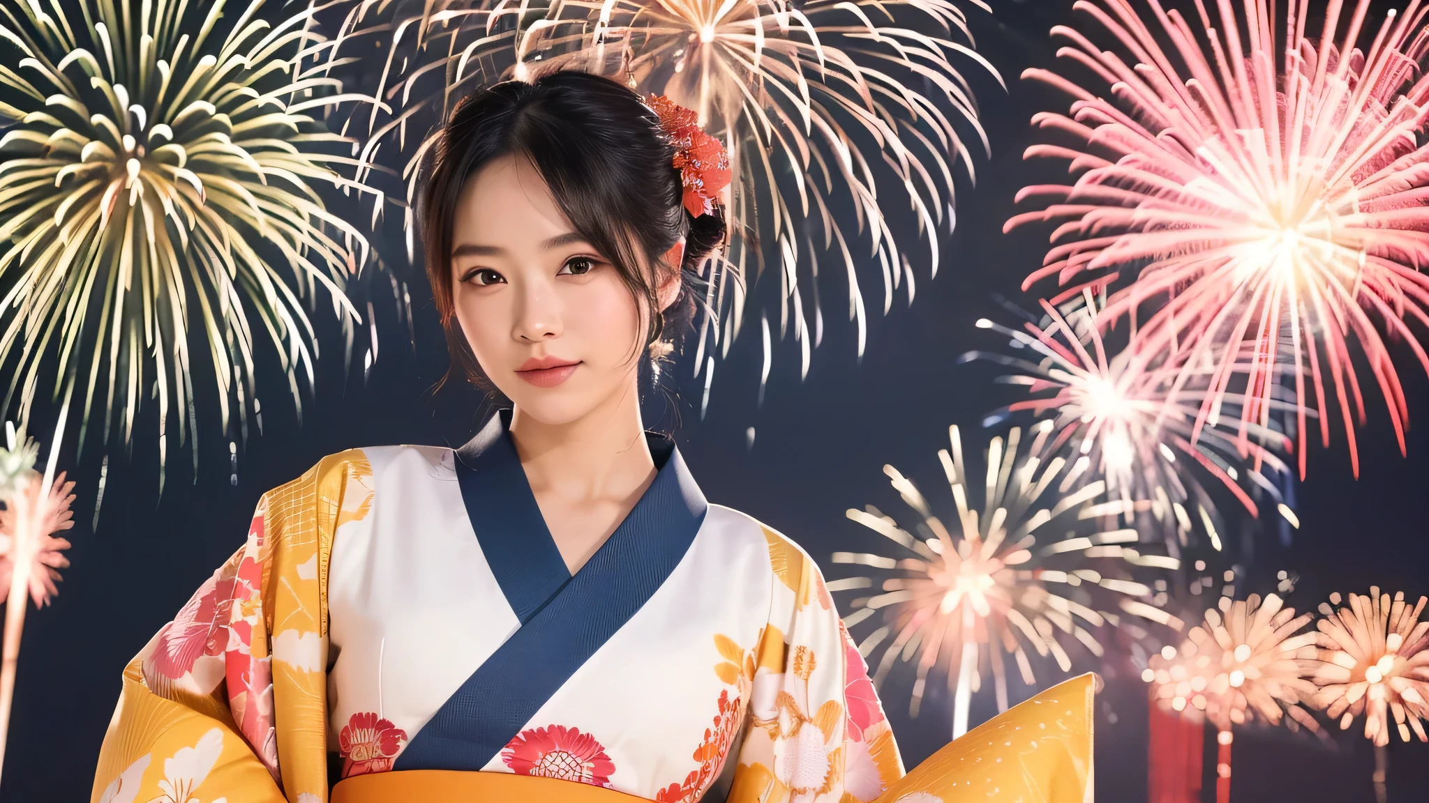 (Highly detailed body、Highly detailed face、highest quality:1.2)、woman、Looking at the audience、(kimono)、(Fireworks in the background:1.4)