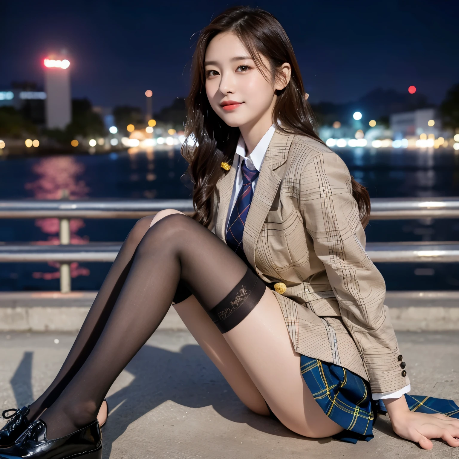 (8k), (highest quality: 1.2), (Realistic), (Realistic: 1.37), Ultra-high resolution, (1 girl), cute, smile, Mouth closed, Beautiful details, Beautiful Nose, Wet Hair, Giant Dulcefo, pork, Thighs,Self Snap,University uniform,simple blazer,Pleated skirt,(The pattern of the skirt and tie is a tartan check pattern....:1.3),(Sitting:1), Sitting on the ground in the city at night,(Hug your feet:1),Mr.々Opaque tights in different colors,From the side,From above