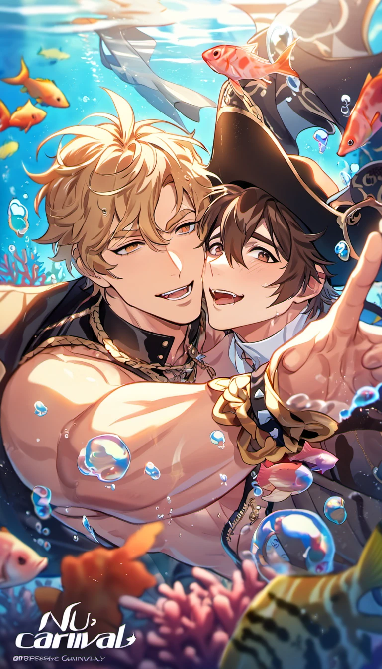 absurdres, highres, ultra detailed, HDR, master piece, best quality, perfect face, Eiden, brown hair, expressive brown eyes, Nu Carnival, Quincy, blond messy hair, expressive amber eyes, two men together, sexy gay couple, handsome, lewd, horny, black hat, fantasy black pirate clothes, accessories, underwater, coral, fish, bubbles