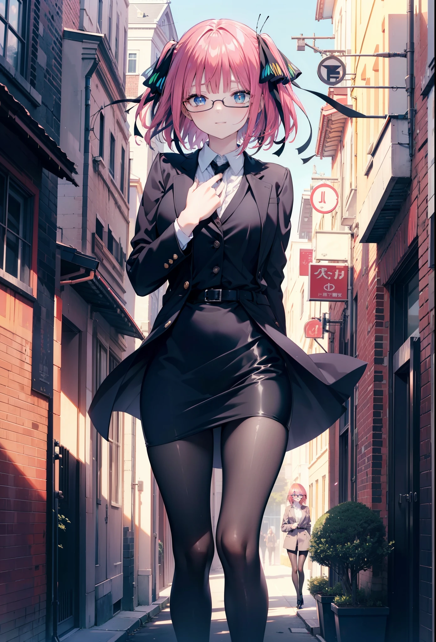 I was silent, Nino Nakano, short hair, bangs, blue eyes, hair ornaments, Hair Ribbon, Pink Hair, blunt bangs, Both sides up, butterfly hair ornaments,happy smile, smile, Open your mouth,OL, Red glasses, end, Black suit jacket, Collared jacket, White dress shirt, Collared shirt, Neckline, button, Black pencil skirt, Black Pantyhose, Stiletto heels,Daytime,Clear skies,
break outdoors, Building district,
break looking at viewer, break (masterpiece:1.2), highest quality, High resolution, unity 8k wallpaper, (shape:0.8), (Fine and beautiful eyes:1.6), Highly detailed face, Perfect lighting, Highly detailed CG, (Perfect hands, Perfect Anatomy),