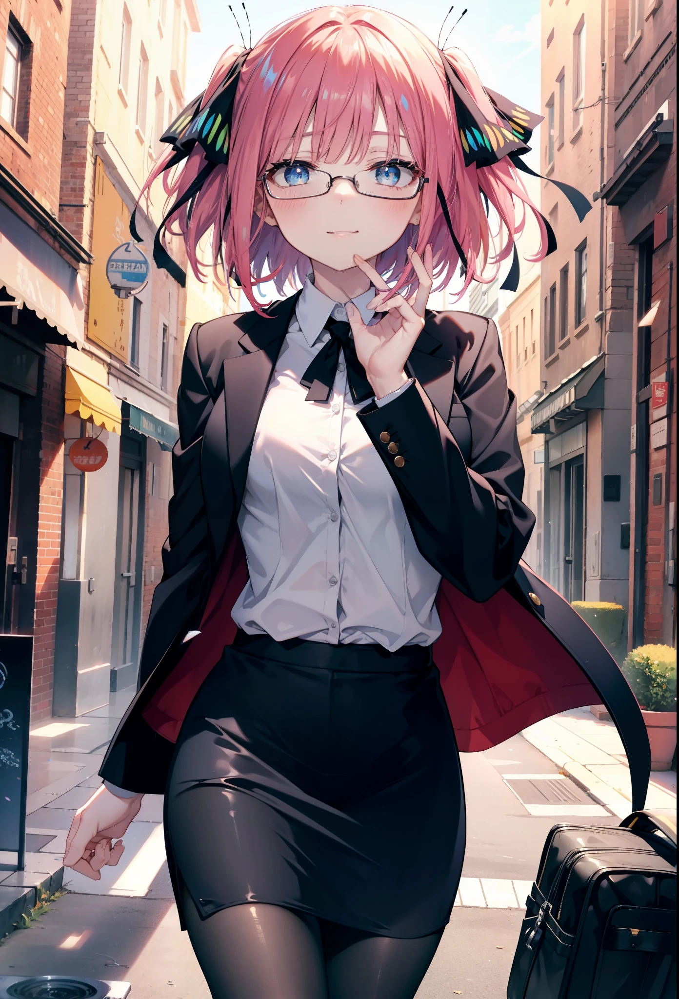 I was silent, Nino Nakano, short hair, bangs, blue eyes, hair ornaments, Hair Ribbon, Pink Hair, blunt bangs, Both sides up, erfly hair ornaments,happy smile, smile, Open your mouth,OL, Red glasses, end, Black suit jacket, Collared jacket, White dress shirt, Collared shirt, Neckline, buttBlack pencil skirt, Black Pantyhosiletto heels,Daytime,Clear skies,
break outdoors, Building district,
break looking at viewer, break (masterpiece:1.2), highest quality, High resolution, unity 8k wallpaper, (shape:0.8), (Fine and beautiful eyes:1.6), Highly detailed face, Perfect lighting, Highly detailed CG, (Perfect hands, Perfect Anatomy),