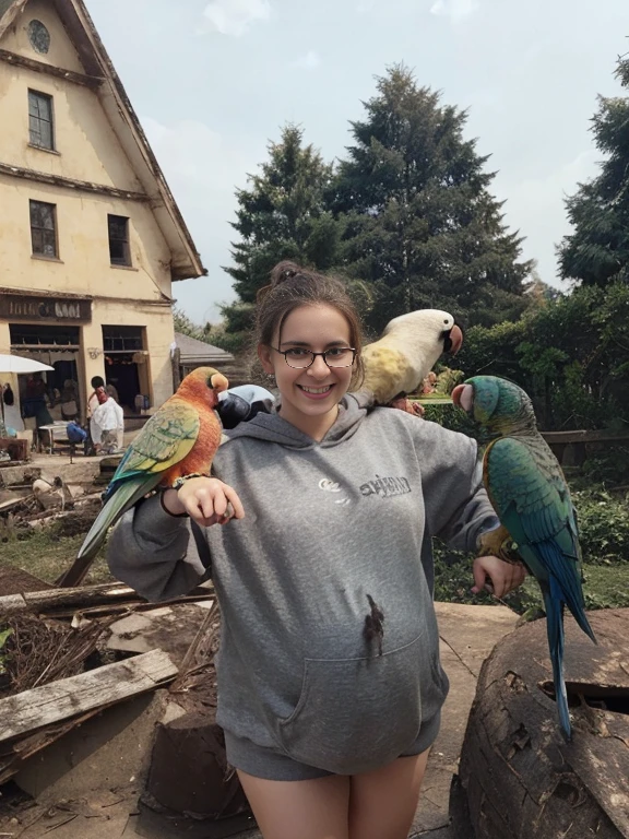 Pale, Smiling pregnant teen with a chubby, circular face, glasses, short, messy brown hair in a messy bun, big forehead, and big tits holding parrots while wearing a gray sweatshirt