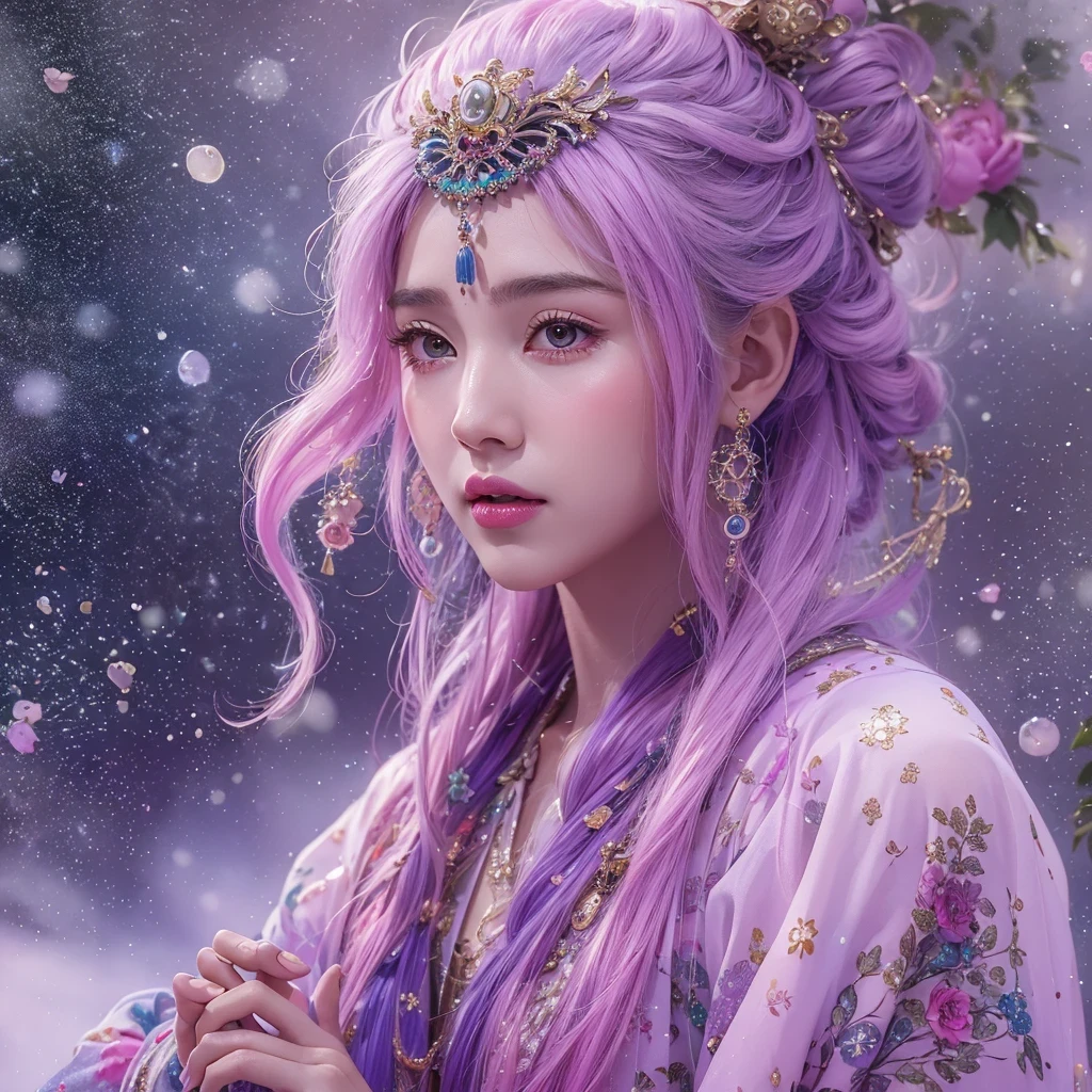 (((Single eyelid)))Snow hoop exclusion area 32K(tmasterpiece,k hd,hyper HD,32K)Long flowing purple-pink hair,Autumn Pond,zydink, a color, Tongzhou people (Girl with glowing eyes), (Thin silk scarf), Side squat position, looking at the ground, long whitr hair, Floating hair, Python headdress, Chinese long-sleeved clothing, (abstract ink splash:1.2), white backgrounid,Lotus protector(realisticlying:1.4),Purple-pink hair,Snowflakes fluttering,The background is pure, A high resolution, the detail, RAW photogr, Sharp Re, Nikon D850 Film Stock Photo by Jefferies Lee 4 Kodak Portra 400 Camera F1.6 shots, Rich colors, ultra-realistic vivid textures, Dramatic lighting, Unreal Engine Art Station Trend, cinestir 800,Long flowing purple-pink hair,((masterpiece)). This artwork is sweet, dreamy and ethereal, with soft pink watercolor hues and candy accents. Generate a delicate and demure fae exploring a (bubblegum world with a wide variety of pastel shades). Her sweet face is extremely detailed and realistic with elegant features and a fierce expression, and looks like ((((naomi scott)))). Include mature features and stunning, highly realistic eyes. Her eyes are important and should be realistic, highly detailed, and beautiful. In high definition and detail, include lots of details like stars, galaxies, colorful bubbles, colorful petals, and lots of energy and emotion! The stars and colorful bubblegum bubbles are important! Include fantasy details, enhanced details, iridescence, colorful glittering wind, and pollen. Pay special attention to her face and make sure it is beautifully and realistically detailed. The image should be dreamy and ethereal.8k, intricate, elegant, highly detailed, majestic, digital photography