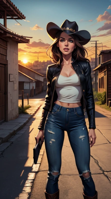 Kate Beckinsale style Cartoon style digital illustration close-up, obra de arte, melhor qualidade, (fotorrealista:1.4), (roupa de vaqueiro, jaqueta por cima da camisa, dirty pants, cowboy hat) Create dystopian obra de artes. Tema ocidental, atmosfera empoeirada, wooden buildings, a setting sun casting long shadows, trajes envelhecidos e desgastados, expectativa no ar, impasse intenso, rua vazia, cidade deserta, Mulher bonita, magrelo, seios pequenos, cabelo castanho liso, rosto detalhado, sorriso, photo taken from a distance, 20 anos, tears of old style Cartoon style digital illustration