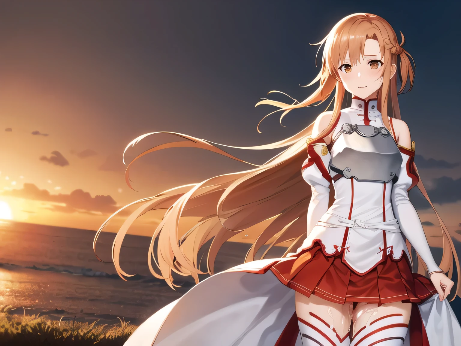masterpiece, highest quality, High resolution, Ah ah, Long Hair, brown hair, Braiding, Brown eyes, Exposing shoulders, armor, breastplate, White sleeves, Removable sleeves, Red Skirt, Pleated skirt, White knee socks, sunset, Are standing, Cowboy Shot,Completely naked,SAO,Asuna,Yuuki Asuna,Dick,penis,Pussy,Male organ,Sex,Naughty,Creampie,semen