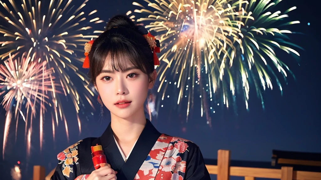 (Highly detailed body、Highly detailed face、highest quality:1.2)、woman、Looking at the audience、(kimono)、(Fireworks in the background:1.4)