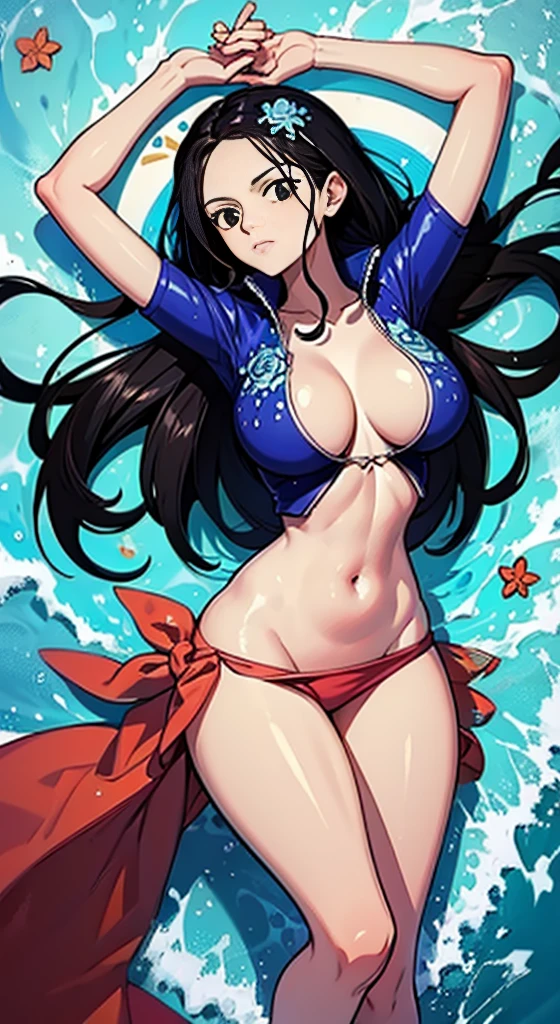 Nico robin de One Piece, Nico Robin with clothes from the Fishman Island saga, blusa curta azul com gola levantada, barriga de fora, saia rosa, pernas aparentes, she has protruding skin, pele suada, decote estravagante, seus seios saltam para fora da camisa, camisa azul com gola alta, camisa com decote, innerboobs, saia curta, pernas a mostra, groin-length skirt, linhas da vagina aparente, corpo esbelto, corpo perfeito, semelhante a um corpo divino, master piece, obra-prima 