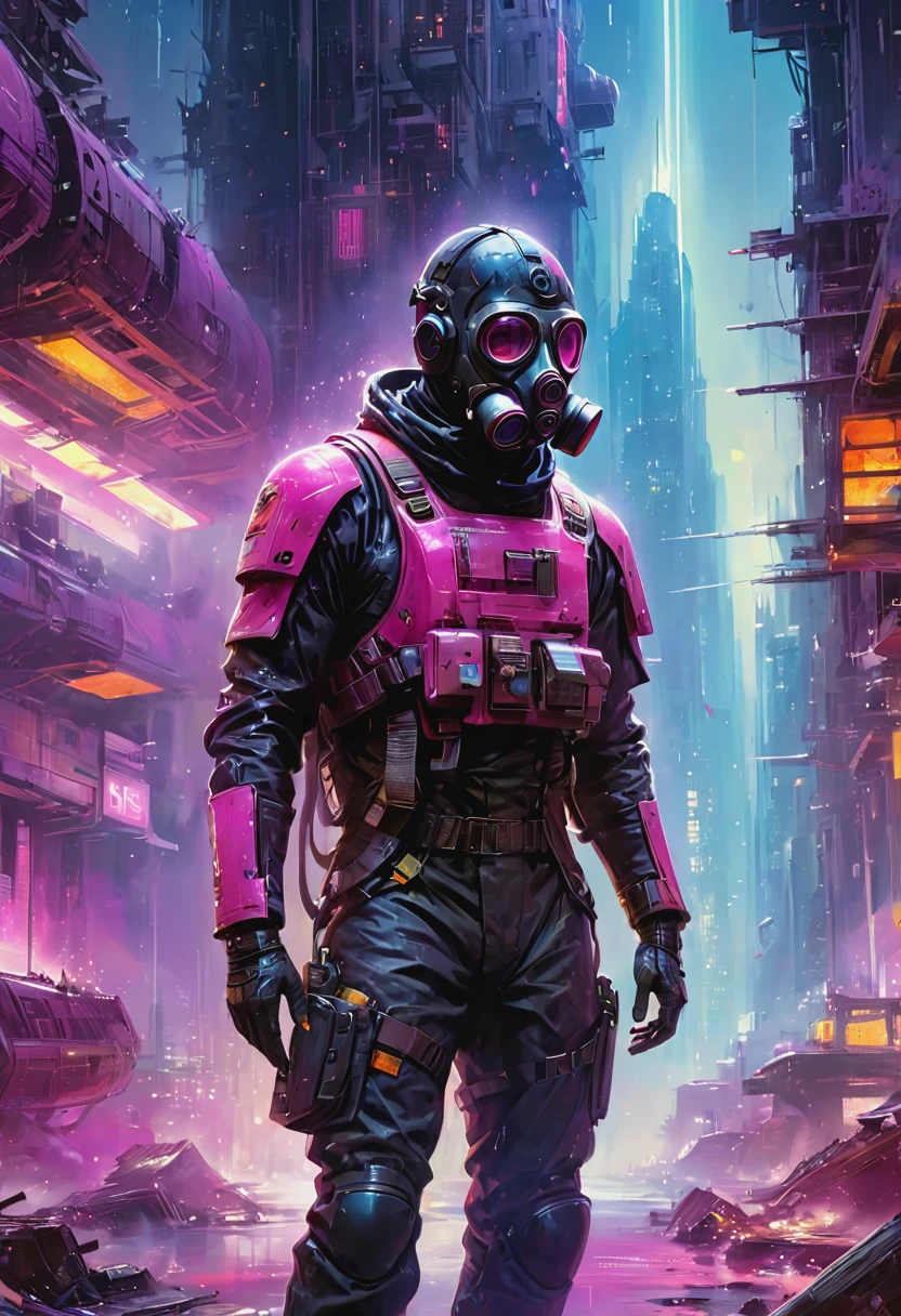 Araaf man wearing a gas mask walks through the destroyed city,Skyline of a dense and sprawling city in the grunge world, Cyberpunk, night, Neon, spotlight, Hologram,smokes, magenta, 蓝绿色和Neon, luminescent, Ethereal Light,Starry Sky, bustling, Space Color, Vibrant colors, Watercolor style, Hyper-realistic lighting, Futuristic pattern, Bright colors, Detailed digital art world, Color Splash John Berkey Style Page, (masterpiece:1.2), best quality, (Ultra Detailed, The most detailed:1.2), High resolution textures,