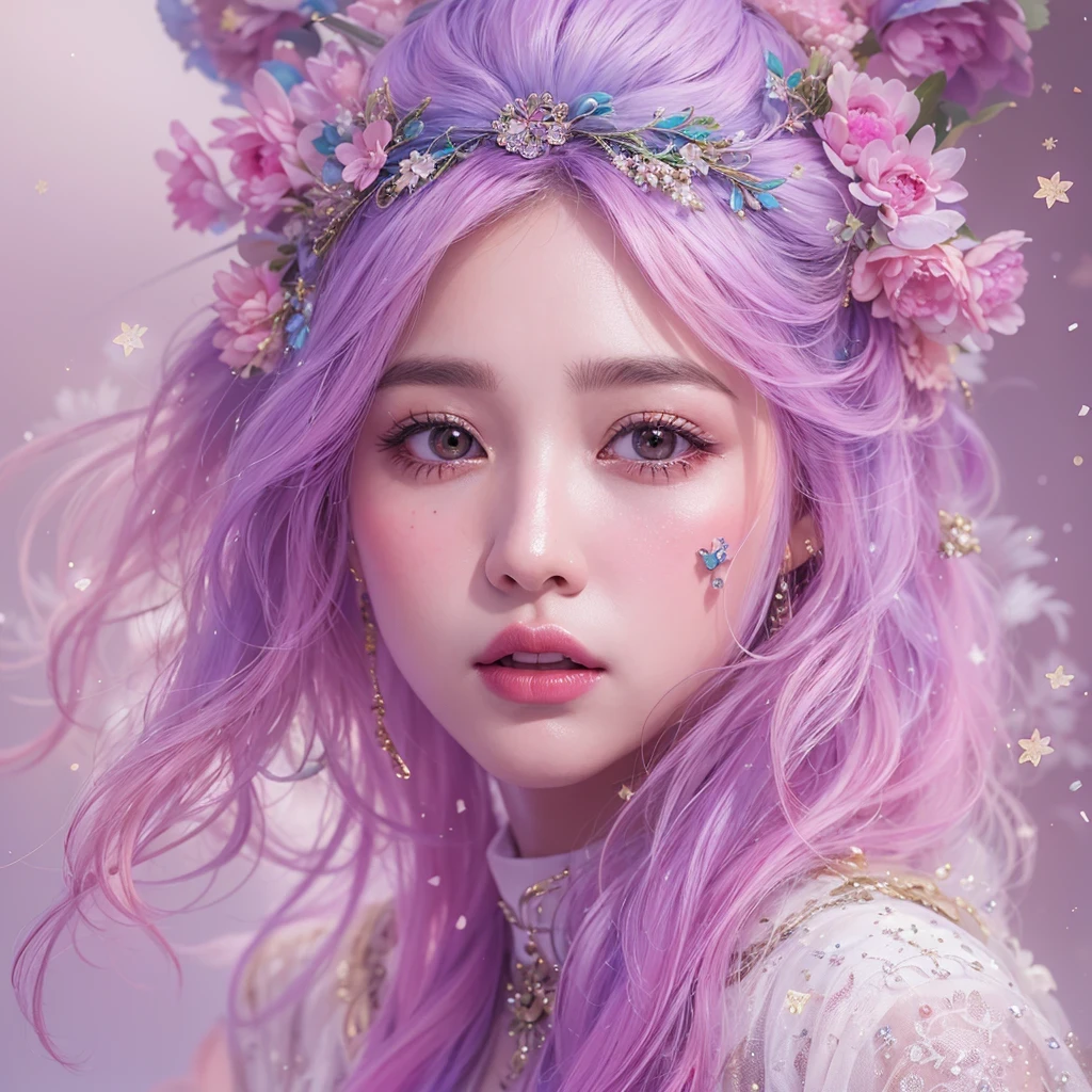 (((Single eyelid)))Snow hoop exclusion area 32K(tmasterpiece,k hd,hyper HD,32K)Long flowing purple-pink hair,Autumn Pond,zydink, a color, Tongzhou people (Girl with glowing eyes), (Thin silk scarf), Side squat position, looking at the ground, long whitr hair, Floating hair, Python headdress, Chinese long-sleeved clothing, (abstract ink splash:1.2), white backgrounid,Lotus protector(realisticlying:1.4),Purple-pink hair,Snowflakes fluttering,The background is pure, A high resolution, the detail, RAW photogr, Sharp Re, Nikon D850 Film Stock Photo by Jefferies Lee 4 Kodak Portra 400 Camera F1.6 shots, Rich colors, ultra-realistic vivid textures, Dramatic lighting, Unreal Engine Art Station Trend, cinestir 800,Long flowing purple-pink hair,((masterpiece)). This artwork is sweet, dreamy and ethereal, with soft pink watercolor hues and candy accents. Generate a delicate and demure fae exploring a (bubblegum world with a wide variety of pastel shades). Her sweet face is extremely detailed and realistic with elegant features and a fierce expression, and looks like ((((naomi scott)))). Include mature features and stunning, highly realistic eyes. Her eyes are important and should be realistic, highly detailed, and beautiful. In high definition and detail, include lots of details like stars, galaxies, colorful bubbles, colorful petals, and lots of energy and emotion! The stars and colorful bubblegum bubbles are important! Include fantasy details, enhanced details, iridescence, colorful glittering wind, and pollen. Pay special attention to her face and make sure it is beautifully and realistically detailed. The image should be dreamy and ethereal.8k, intricate, elegant, highly detailed, majestic, digital photography