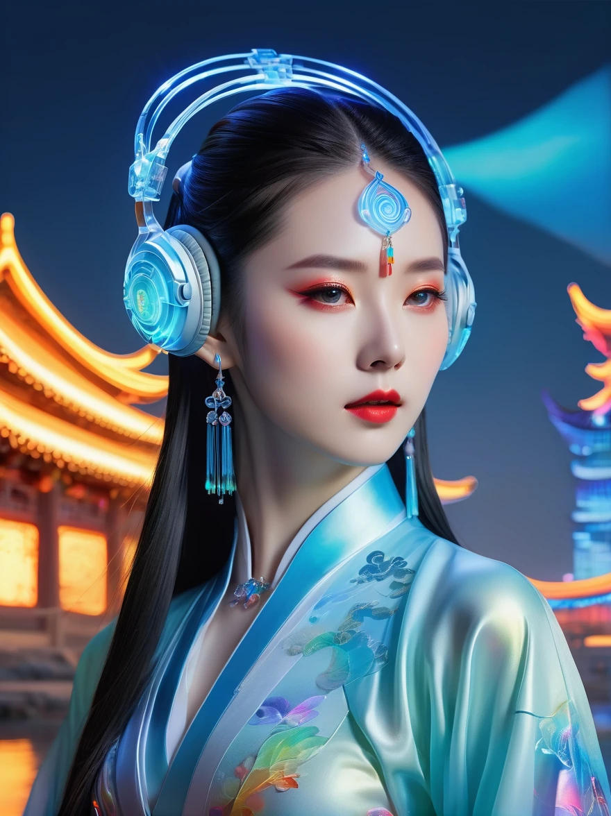 Tang Suit,Chinese Hanfu,Photo of a woman wearing colorful technology,In a flowing surrealist style,shining,smooth,Accurate and realistic,Hard surface modeling,Precisionism,Light silver and sky blue,project,construction and design,Luminous headphones, Glowing Hair Accessories,Long hair,Luminous earrings,glow necklace,Cyberpunk,Transparent clothes,Rainbow Colors