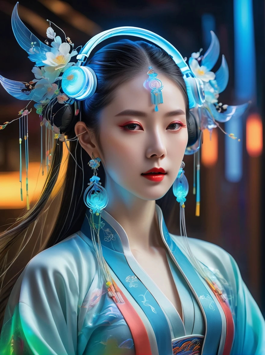Tang Suit,Chinese Hanfu,Photo of a woman wearing colorful technology,In a flowing surrealist style,shining,smooth,Accurate and realistic,Hard surface modeling,Precisionism,Light silver and sky blue,project,construction and design,Luminous headphones, Glowing Hair Accessories,Long hair,Luminous earrings,glow necklace,Cyberpunk,Transparent clothes,Rainbow Colors