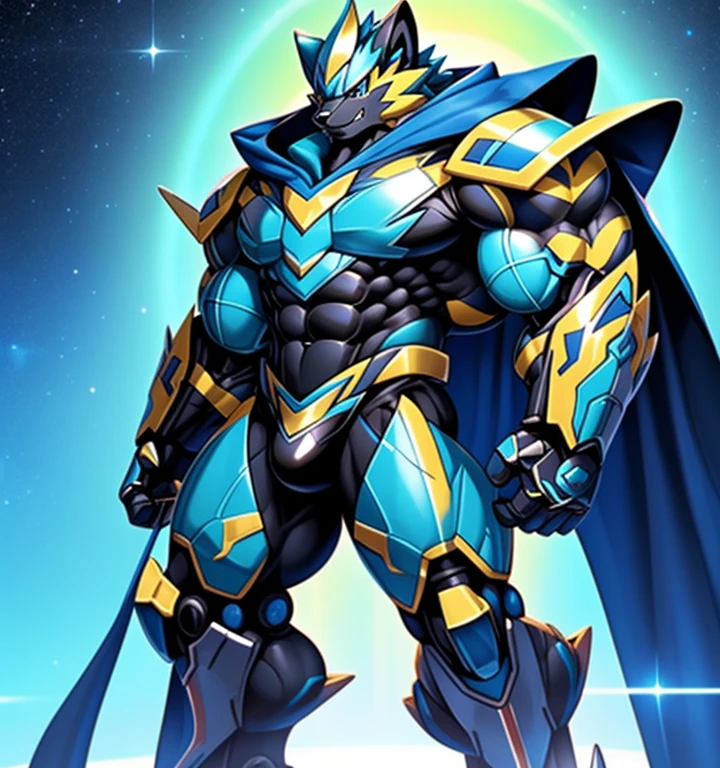 (masterpiece, best quality, detailed:1.2)
(Pokémon)
Powered exoskeleton with the same design as Zeraora
big muscle,
pecs, triceps, traps, waist narrow,
unusually developed muscular body,
bulge in the crotch, wears a small black string thong that reveals huge, muscular thighs. (metallic color: jet black thong)
body full of huge muscles.
also have a cloak on my back.
The cloak is black.
Wearing full plate armor
Its full plate armor emphasizes the muscles.
The cloak is so long that it touches the ground,
showing off muscles,
mechs,
Correct limbs,
detailed full body,
Very muscular,
Large pecs,
Heavyweight,
Bodybuilder figure,
Wearing cyberpunk mecha,
big bump,
sparkling skin,
Vibrant colors, 4K,
realism,
galactic cybernetics mask,
full body,
wearing a dark bodysuit underneath,
a knight's mechanical armor,
glowing wide and heavy armor,
he wears a bizarre fantasy surreal-style chest armor with scales,
absolutely stunning art,
4K, realism, Don't stray too far from Zeraora's design, Furry Heroes, Main is yellow COLOR,