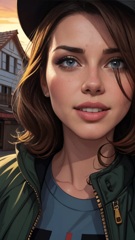  Kate Beckinsale style Cartoon style digital illustration close-up, obra de arte, melhor qualidade, (roupa de vaqueiro, jaqueta por cima da camisa, dirty pants, cowboy hat) Create dystopian obra de artes. Tema ocidental, atmosfera empoeirada, wooden buildings, a setting sun casting long shadows, trajes envelhecidos e desgastados, expectativa no ar, impasse intenso, rua vazia, cidade deserta, Mulher bonita, magrelo, seios pequenos, cabelo castanho liso, rosto detalhado, sorriso, photo taken from a distance, 20 anos, tears of old style Cartoon style digital illustration 