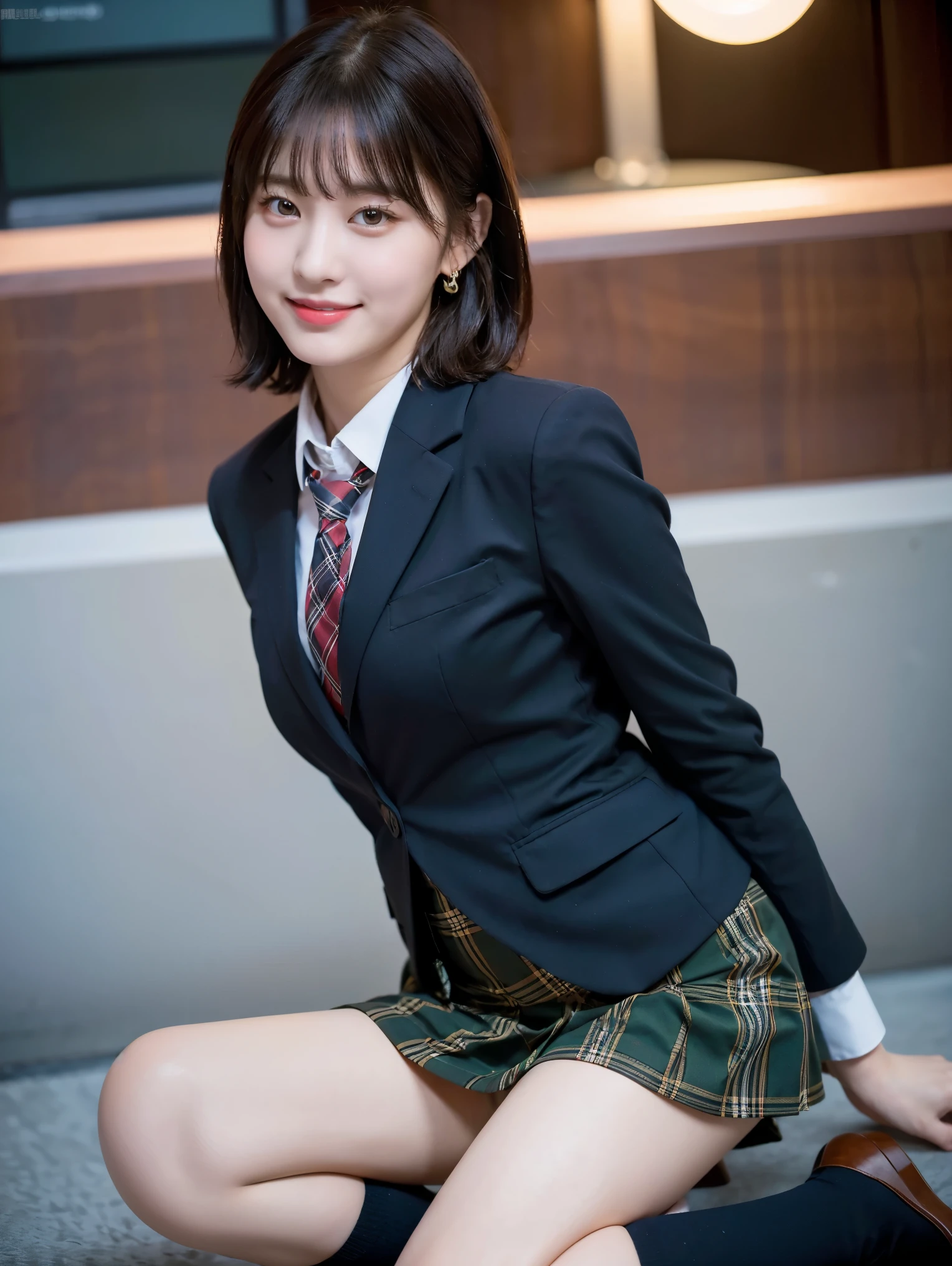 (8k), (highest quality: 1.2), (Realistic), (Realistic: 1.37), Ultra-high resolution, (1 girl), cute, Embarrassed smile, Mouth closed, Red Lip,Red cheeks,Red eyeshadow,Beautiful details, Beautiful Nose, Blonde super short bob cut, Giant Dulcefo, pork, Thighs,Self Snap,University uniform,A simple blazer,Pleated skirt,(The skirt and tie are tartan checked....:1.3),(Sitting:1), Sit on the ground,(Hug your feet:1), (natural pantyhose:1.2),(from the front:1.3),