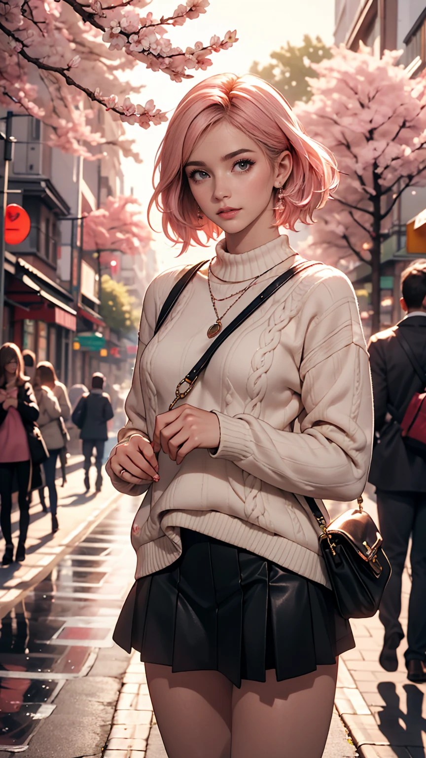 masterpiece, highest quality, Very detailed, figure, Wide-angle, A girl is standing in the middle of the road, alone, The road in the middle and pink cherry blossom trees on the roadside, whole body, 20th Generation, Pink Hair, sweater, Short skirt, fashion,, composition, balance, Harmony, rhythm, color, Light, Shadow, reflection, refraction, tone, Contrast, prospect, Middle Way, background, Naturalistic, Figurative, Expressive.