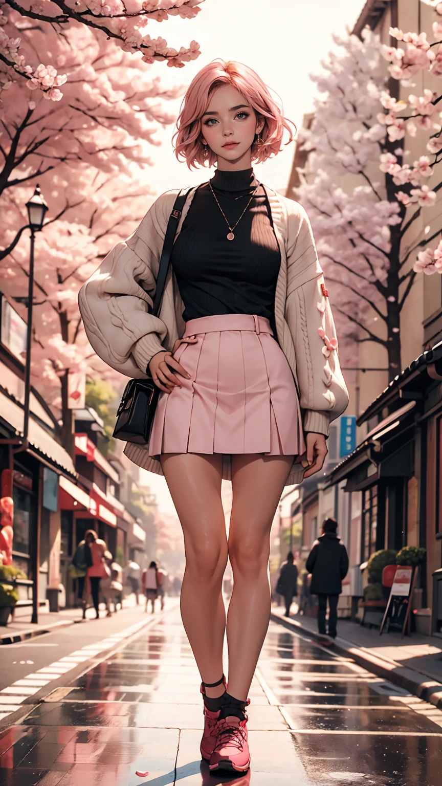 masterpiece, highest quality, Very detailed, figure, Wide-angle, A girl is standing in the middle of the road, alone, The road in the middle and pink cherry blossom trees on the roadside, whole body, 20th Generation, Pink Hair, sweater, Short skirt, fashion,, composition, balance, Harmony, rhythm, color, Light, Shadow, reflection, refraction, tone, Contrast, prospect, Middle Way, background, Naturalistic, Figurative, Expressive.