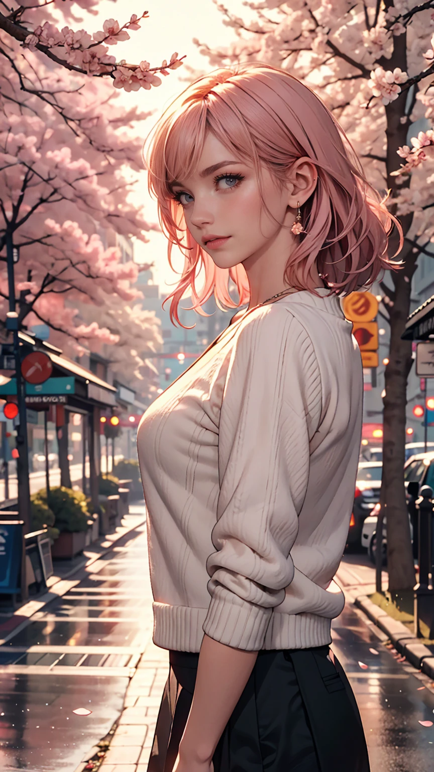 masterpiece, highest quality, Very detailed, figure, Wide-angle, A girl is standing in the middle of the road, alone, The road in the middle and pink cherry blossom trees on the roadside, whole body, 20th Generation, Pink Hair, sweater, Short skirt, fashion,, composition, balance, Harmony, rhythm, color, Light, Shadow, reflection, refraction, tone, Contrast, prospect, Middle Way, background, Naturalistic, Figurative, Expressive.