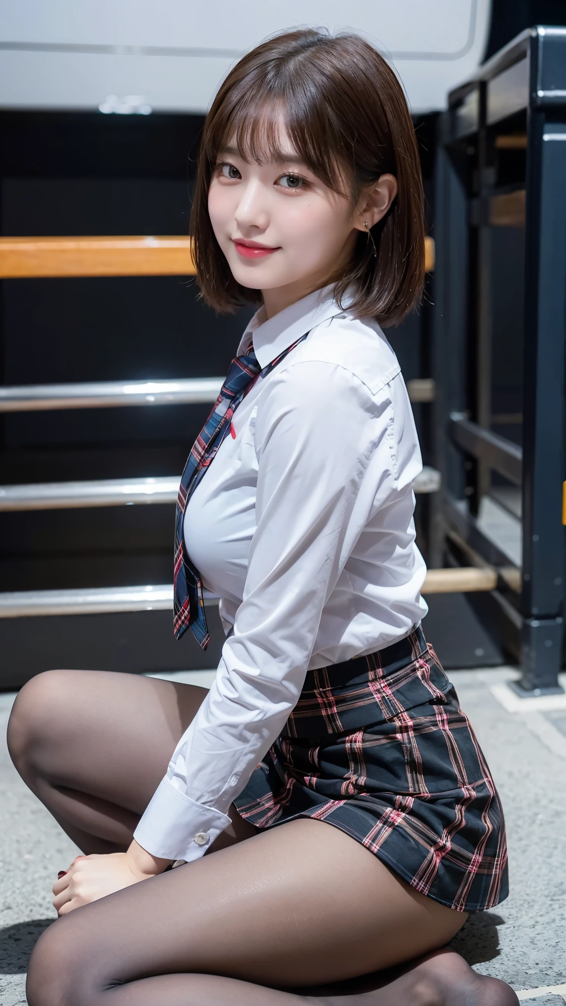 8k), (highest quality: 1.2), (Realistic), (Realistic: 1.37), Ultra-high resolution, (1 girl), cute, Embarrassed smile, Mouth closed,Red cheeks with embarrassment, Beautiful details, Beautiful Nose, Black short hair, bangs,Giant Dulcefo, pork, Thighs，Self Snap,University uniform,simple blazer,Pleated skirt,(The pattern of the skirt and tie is a tartan check pattern....:1.3),(Sitting:1), Sitting on the ground in the city at night,(Hug your feet:1),Mr.々Opaque tights in different colors,(From the side),From above,Bring your face closer