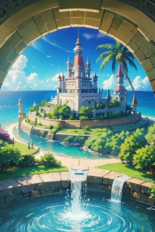 fantasy world, estilo isekai de anime, zona de comercio en la playa, estilo pixel art