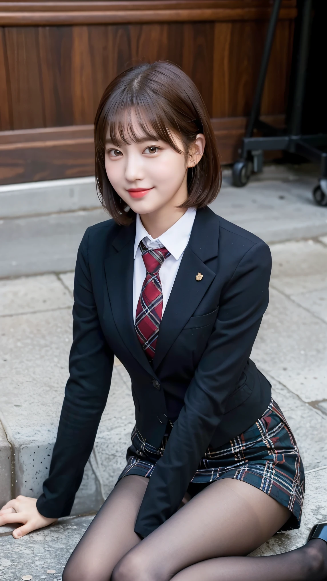 8k), (highest quality: 1.2), (Realistic), (Realistic: 1.37), Ultra-high resolution, (1 girl), cute, Embarrassed smile, Mouth closed,Red cheeks with embarrassment, Beautiful details, Beautiful Nose, Black short hair, bangs,Giant Dulcefo, pork, Thighs，Self Snap,University uniform,simple blazer,Pleated skirt,(The pattern of the skirt and tie is a tartan check pattern....:1.3),(Sitting:1), Sitting on the ground in the city at night,(Hug your feet:1),Mr.々Opaque tights in different colors,(From the side),From above,Bring your face closer