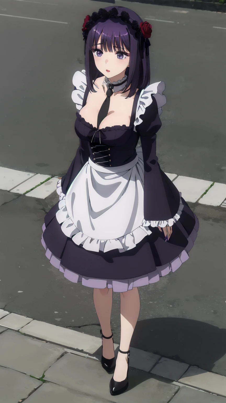 gloves, pantyhose, elbow gloves, breasts, maid, purple eyes, large breasts, high heels, boots, dress, green hair, shoes, ribbon, white gloves, simple background, standing, short hair, Mitico fleuretty \(character\), Mitico fleuretty