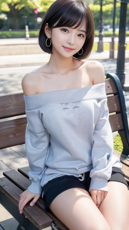 Masterpiece, Best-quality, RAW-photo, Ultra-High-Resolution, Photorealistic, very delicate human skin,
(Anatomically correct, 16-years-old, Realistic Japanese girl, photographer's lover, She truly loves photographer, baby face, cute face, short height, thin waist, big breasts, Slender legs, Large breast, Realistic skin),
((teat, off shoulder sweatshirt, shorts:1.3)),
(maiko, Round face, Black hair, Black eyes, Moist eyes, Shining eyes, Short bob cut, Bangs, Down-slating eyebrows, one little earring, Light blush),
(See photographer, look at viewer, sit on a park bench, legs apart, spread legs:1.3),
(Elegant goddess smile, seduce men),
(Tokyo, Shinbashi, very lively Japanese station square),
Natural lighting, full length