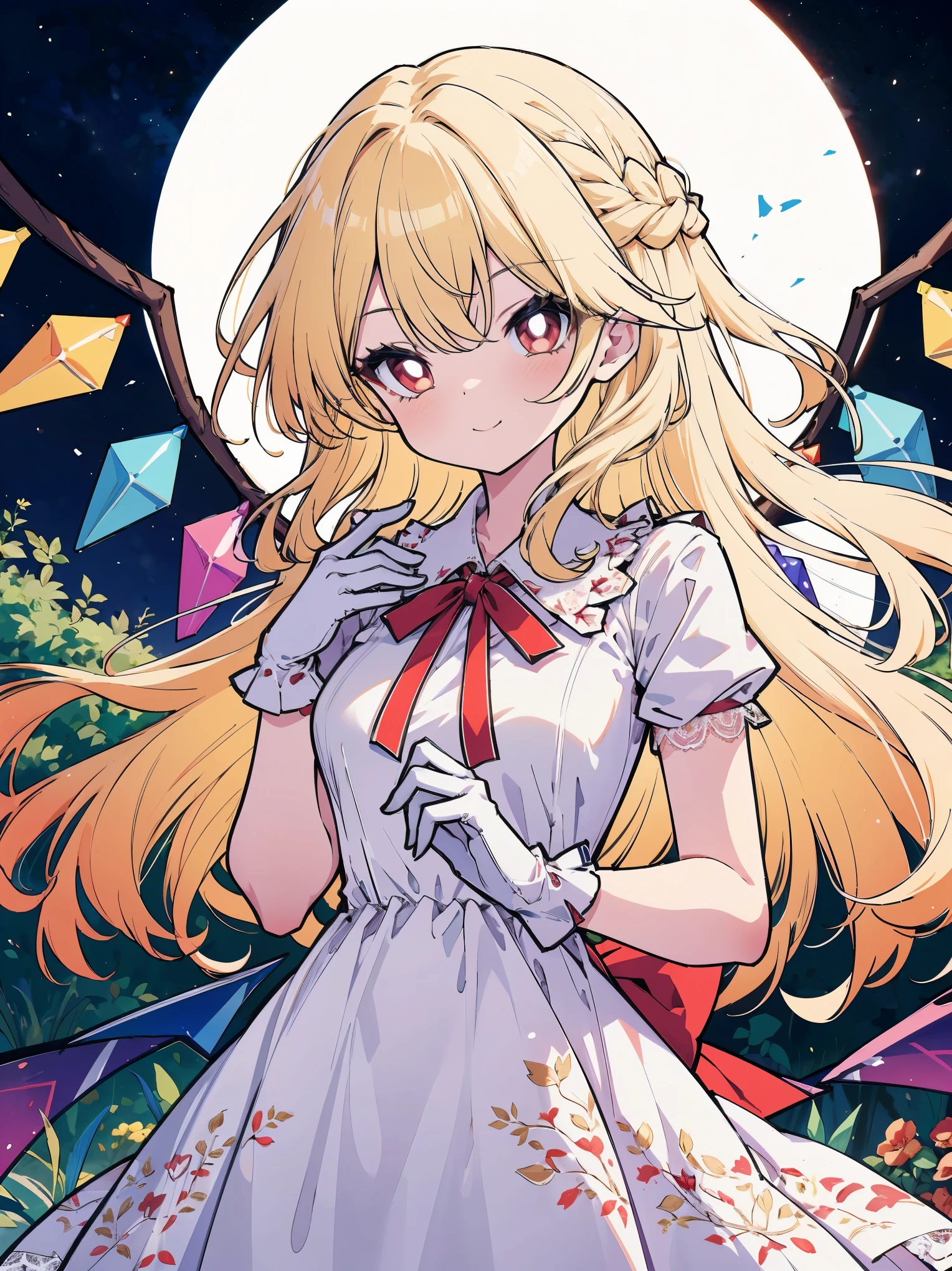(comboy shot), (colorful:1.1), vibrant color, (ultra-high resolution, depth of field:1.2), (Flandre scarlet:1.1), (1woman), (adult), in her 20s, Touhou project, (medium breasts), (red eyes), white pupils, glowing eyes, (forehead:1.2), blonde hair, wavy hair, (long hair:1.1), (french braid:1.2), red ribbon, (white gala dress:1.1), (wearing a white gala dress:1.2), frills, (long white lace gloves), (elegant garden scenery:1.2), night, gentle smile, dim lighting