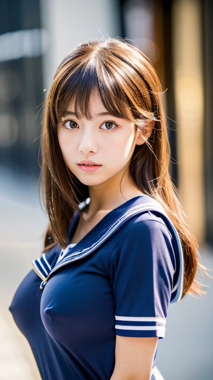 1 girl, Very bright backlight, alone, {Beautiful and detailed}, Photos in the city, Very beautiful big (Huge breasts:1.5) And a small waist ((Press the chest)) 、Big Breasts,Calm expression, Natural soft light,, Delicate features, Blunt bangs, Beautiful Japanese Girl, 18-year-old, ((Model pose)), attractive figure,(Brown Hair), Light grain, Real Hands, masterpiece, highest quality, Realistic, Very detailed, In detail, High resolution,Beautiful long hair, Perfect dynamic composition, Beautiful and beautiful eyes, Japanese Idols,((I'm nervous and embarrassed)),Sharp focus, beauty mix, (Navy blue short-sleeved sailor suit:1.3),Movie Girl,Pose of rolling up clothes with both hands