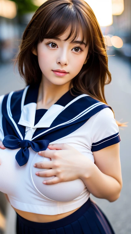 1 girl, Very bright backlight, alone, {Beautiful and detailed}, Photos in the city, Very beautiful big (Huge breasts:1.5) And a small waist ((Press the chest)) 、Big Breasts,Calm expression, Natural soft light,, Delicate features, Blunt bangs, Beautiful Japanese Girl, 18-year-old, ((Model pose)), attractive figure,(Brown Hair), Light grain, Real Hands, masterpiece, highest quality, Realistic, Very detailed, In detail, High resolution,Beautiful long hair, Perfect dynamic composition, Beautiful and beautiful eyes, Japanese Idols,((I'm nervous and embarrassed)),Sharp focus, beauty mix, (Navy blue short-sleeved sailor suit:1.3),Movie Girl,Pose of rolling up clothes with both hands