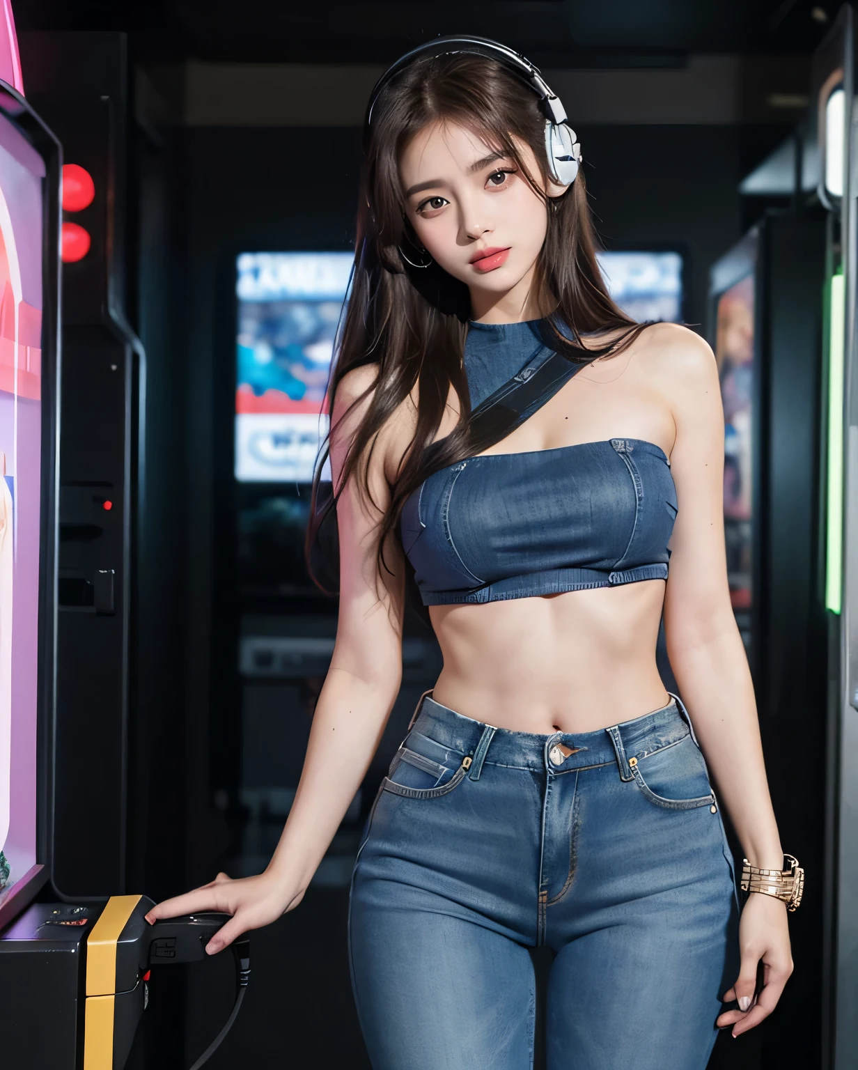 1 girl, (blue eyes), cute smile, (Sana Minatozaki), wide hips, big , big ass, (best quality, 8k, Masterpiece: 1.3)) ), Clear focus: 1.2, perfect body beauty: 1.4 , Slender stomach: 1.2, wet body: 1.5 , Highly detailed facial and skin textures, Detailed eyes, Double eyelids, (long brown hair), (gamer girl), (Gamer headphones), Strapless shirt, (Jeans), (high-heels), Children's playroom, Play with arcade machines