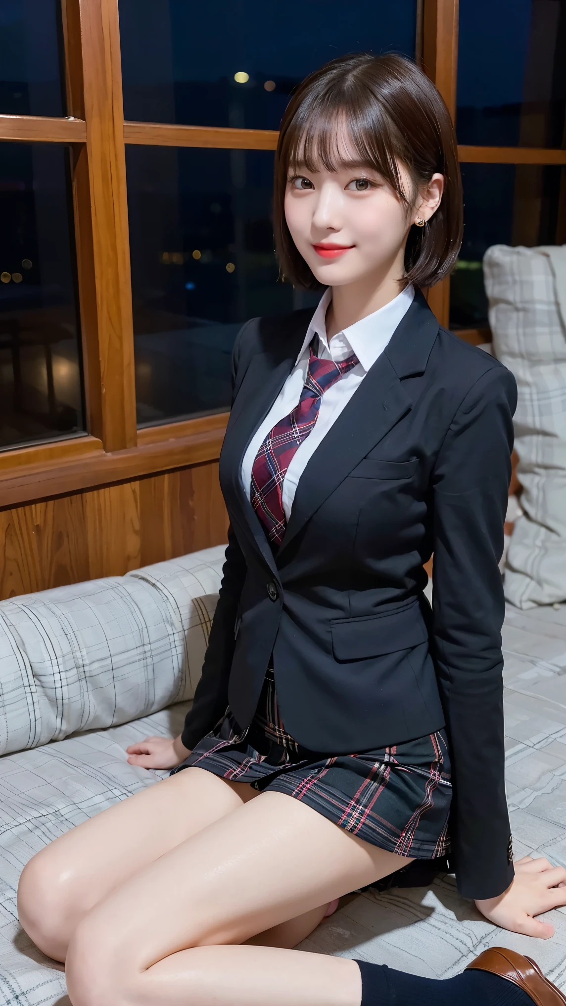 8k), (highest quality: 1.2), (Realistic), (Realistic: 1.37), Ultra-high resolution, (1 girl), cute, Embarrassed smile, Mouth closed,Red cheeks with embarrassment, Beautiful details, Beautiful Nose, Black short hair, bangs,Giant Dulcefo, pork, Thighs,Self Snap,University uniform,simple blazer,Pleated skirt,(The pattern of the skirt and tie is a tartan check pattern....:1.3),(Sitting:1), Sitting on the ground in the city at night,(Hug your feet:1),Mr.々Opaque tights in different colors,(From the side),From above,Bring your face closer