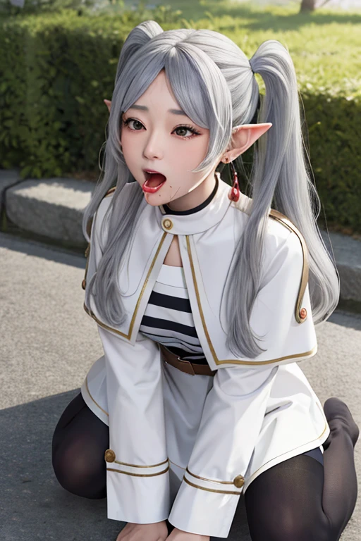 masterpiece, highest quality, High resolution, thank you, Long Hair, Gray Hair, Twin tails, Pointy Ears, Earrings, Thick eyebrows, White capelet, Striped shirt, Long sleeve, belt, White Skirt, Black Pantyhose , Are standing, Cowboy Shot, Outdoor, Retention Staff, Having oral sex,嬉しそうにHaving oral sex, Invisible cylindrical object,  A mouth for sucking cylindrical objects, Grasp a cylindrical object and place it in your mouth, Drooling, A large amount of cloudy white fluid on the chest, On all fours, Kneel