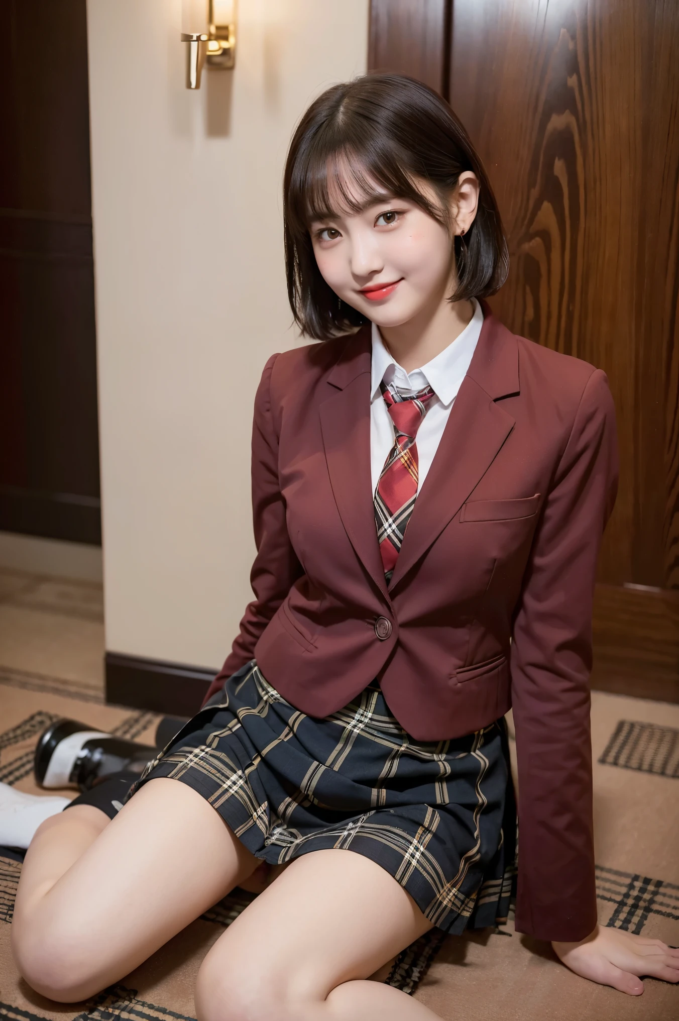 (8k), (highest quality: 1.2), (Realistic), (Realistic: 1.37), Ultra-high resolution, (1 girl), cute, Embarrassed smile, Mouth closed,(Red cheeks with embarrassment:1.3), Beautiful details, Beautiful Nose, Black short hair, bangs,Giant Dulcefo, pork, Thighs,Self Snap,University uniform,simple blazer,Pleated skirt,(The pattern of the skirt and tie is a tartan check pattern....:1.3),(Sitting:1), Sitting on the ground in a hotel room,(Hug your feet:1),Mr.々Colorful stockings,(From the side),From above,Bring your face closer