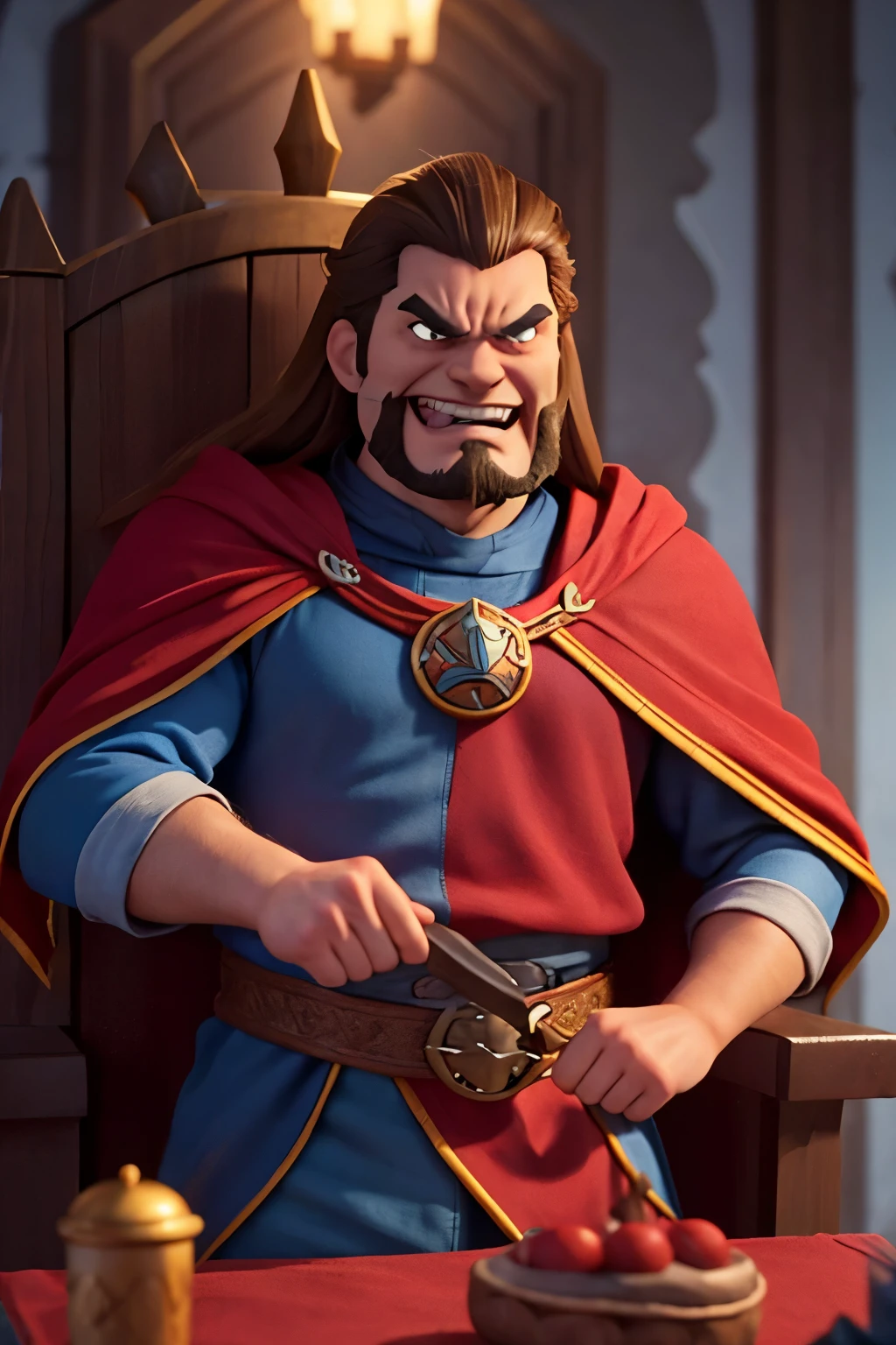 imagine, character name Evil King. he is a angry king with little evil smile on his face, brown hair, angry blue eyes, blue clothes, red king's cloak, crown in his head, imposing figure, big shoulders, throne in the back scene at the end, he is like 35 years old, he has a angry and evil smile, scene: he is looking rigth to de camera, put some disney magic