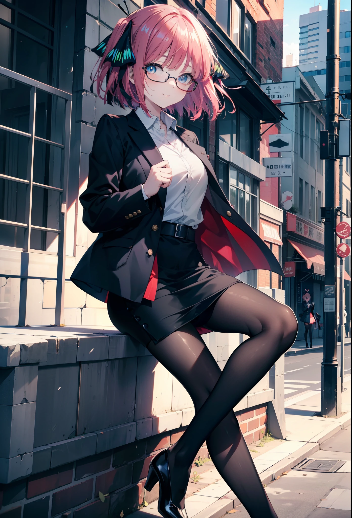 I was silent, Nino Nakano, short hair, bangs, blue eyes, hair ornaments, Hair Ribbon, Pink Hair, blunt bangs, Both sides up, butterfly hair ornaments,happy smile, smile, Open your mouth,OL, Red glasses, end, Black suit jacket, Collared jacket, White dress shirt, Collared shirt, Neckline, button, Black pencil skirt, Black Pantyhose, Stiletto heels,Daytime,Clear skies,
break outdoors, Building district,
break looking at viewer, break (masterpiece:1.2), highest quality, High resolution, unity 8k wallpaper, (shape:0.8), (Fine and beautiful eyes:1.6), Highly detailed face, Perfect lighting, Highly detailed CG, (Perfect hands, Perfect Anatomy),