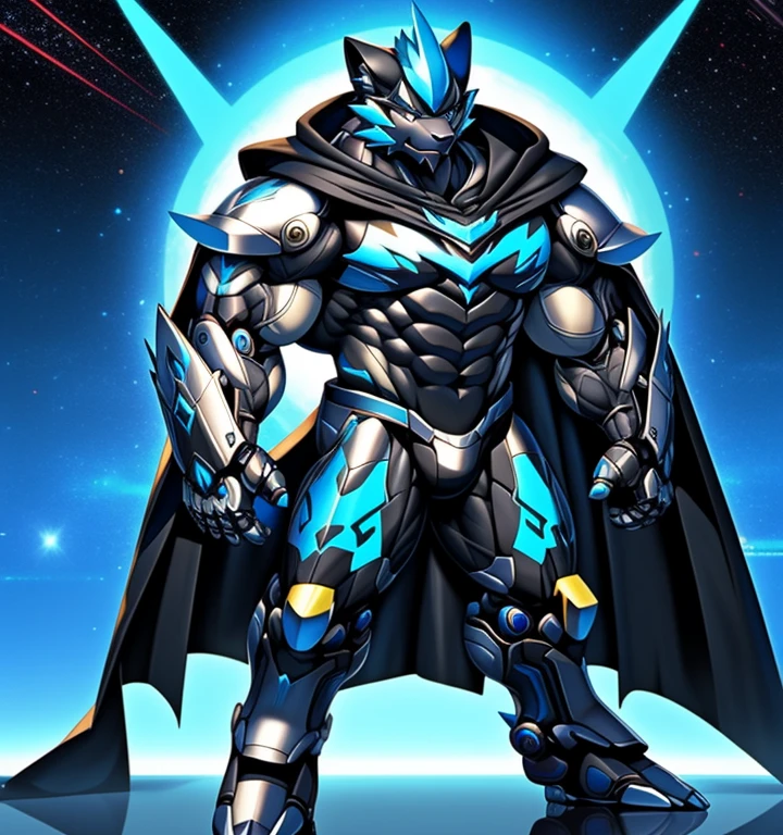 (masterpiece, best quality, detailed:1.2)
(Pokémon)
Powered exoskeleton with the same design as Zeraora
big muscle,
pecs, triceps, traps, waist narrow,
unusually developed muscular body,
bulge in the crotch, wears a small black string thong that reveals huge, muscular thighs. (metallic color: jet black thong)
body full of huge muscles.
also have a cloak on my back.
The cloak is black.
Wearing full plate armor
Its full plate armor emphasizes the muscles.
The cloak is so long that it touches the ground,
showing off muscles,
mechs,
Correct limbs,
detailed full body,
Very muscular,
Large pecs,
Heavyweight,
Bodybuilder figure,
Wearing cyberpunk mecha,
big bump,
sparkling skin,
Vibrant colors, 4K,
realism,
galactic cybernetics mask,
full body,
wearing a dark bodysuit underneath,
a knight's mechanical armor,
glowing wide and heavy armor,
he wears a bizarre fantasy surreal-style chest armor with scales,
absolutely stunning art,
4K, realism, Don't stray too far from Zeraora's design, Furry Heroes, Main is yellow COLOR,
He wears the same armor as himself from head to foot.