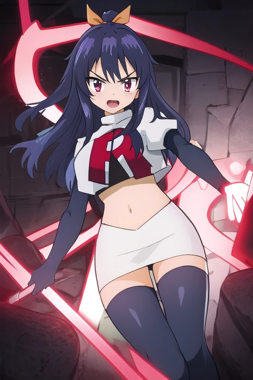 masterpiece, best quality, highly detailed, highres, hdr, extremely detailed illustration, detailed face, homurakougetsu, 1girl, solo, bow, ribbon, blue hair, hair ribbon, ponytail, purple hair, v-shaped eyebrows, team rocket,team rocket uniform,white skirt,red letter R,crop top,black thigh-highs