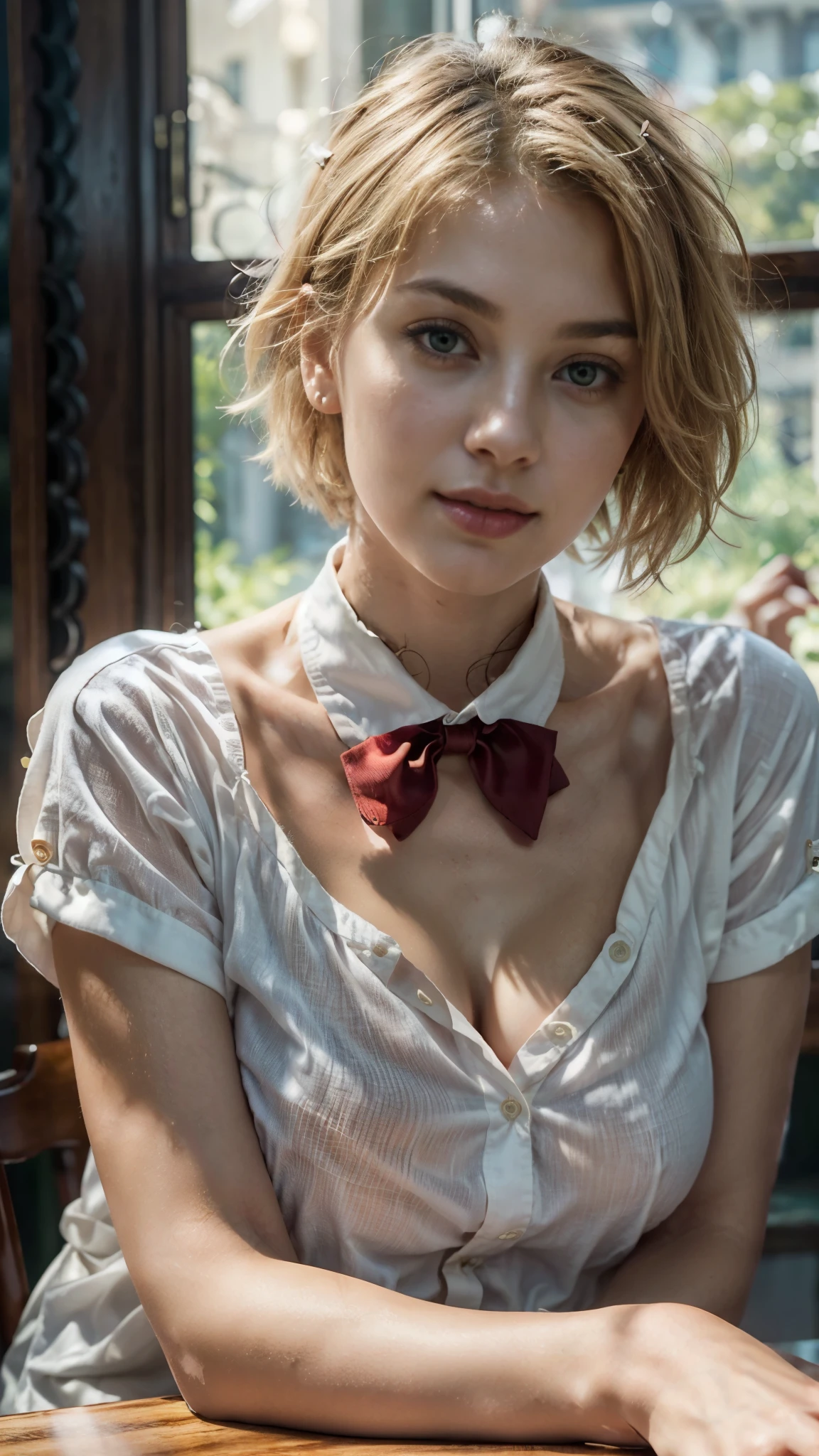 8k, Hi-res, HQ, masterpiece, photorealistic, A low angle portrait of a girl (sitting in a caf and put her breast on table, wearing a (white button shirt:1.3) with (a red bow tie on the neckline:1.1), surrounded by a cozy atmosphere), over exposed breast, alluring gaze, beautiful face, mesmerizing greeney eyes, luscious lips, messy short blond hair, erotic pose, sensual atmosphere, soft skin, perfectly huge sagging breasts with soft skin, exquisite details, captivating beauty, confidence, elegance and charm, all eyes on her, desirable, irresistible temptation, sultry mood, enticing allure, sizzling sensuality, enticing curves, feminine grace, teasingly erotic, captivating curves, naughty innocence, forbidden desire, unrestrained passion, creamy complexion, inviting gaze, bewitching smile, curvaceous silhouette,  slender posture, skinny body, collarbone, perfect hand, playful imagination, intimate moment, photon mapping, natural lighting, cool color, aesthetic, unique, (facing forward:1.3)