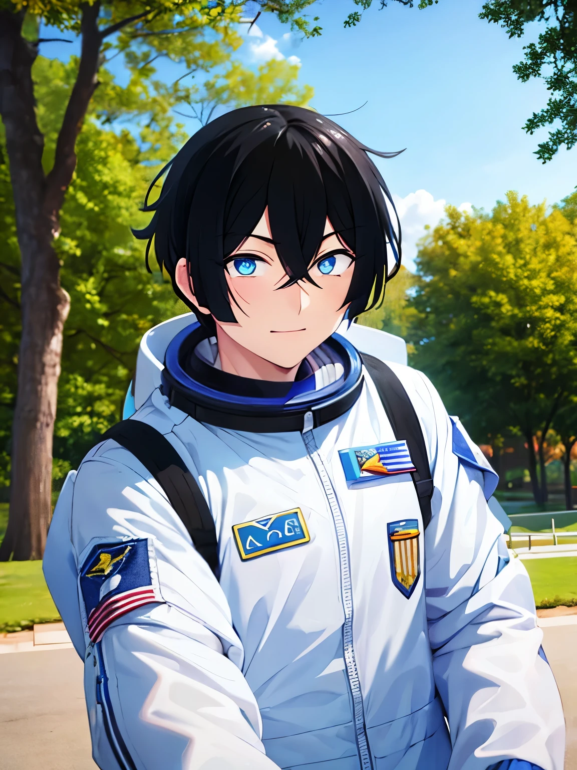 1adult man,29 years old,Astronaut uniform, close up photo,black hair, bright blue eyes, standing, in the park