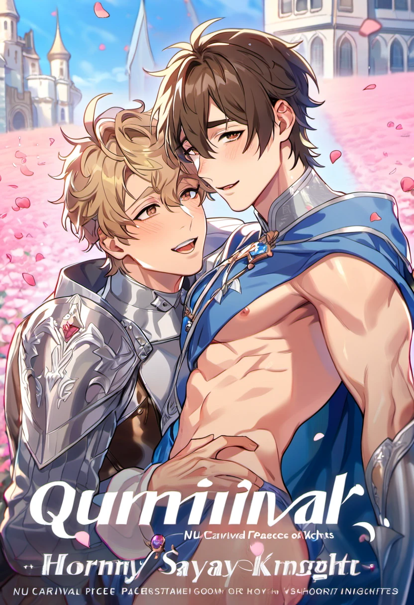 absurdres, highres, ultra detailed, HDR, master piece, best quality, perfect face, Eiden, brown hair, expressive brown eyes, Nu Carnival, Quincy, blond messy hair, expressive amber eyes, two men together, sexy gay couple, handsome, lewd, horny, fantasy silver knights clothes, blue cape, castle, pink rose field, pink petals