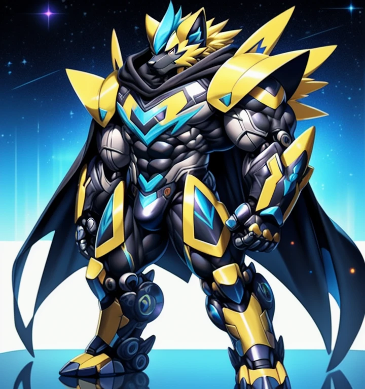 (masterpiece, best quality, detailed:1.2)
(Pokémon)
Powered exoskeleton with the same design as Zeraora
big muscle,
pecs, triceps, traps, waist narrow,
unusually developed muscular body,
bulge in the crotch, wears a small black string thong that reveals huge, muscular thighs. (metallic color: jet black thong)
body full of huge muscles.
also have a cloak on my back.
The cloak is black.
Wearing full plate armor
Its full plate armor emphasizes the muscles.
The cloak is so long that it touches the ground,
showing off muscles,
mechs,
Correct limbs,
detailed full body,
Very muscular,
Large pecs,
Heavyweight,
Bodybuilder figure,
Wearing cyberpunk mecha,
big bump,
sparkling skin,
Vibrant colors, 4K,
realism,
galactic cybernetics mask,
full body, 
wearing a dark bodysuit underneath, 
a knight's mechanical armor,
glowing wide and heavy armor,
he wears a bizarre fantasy surreal-style chest armor with scales,
absolutely stunning art,
4K, realism, Don't stray too far from Zeraora's design, Furry Heroes, Main is yellow COLOR,
He wears the same armor as himself from head to foot.