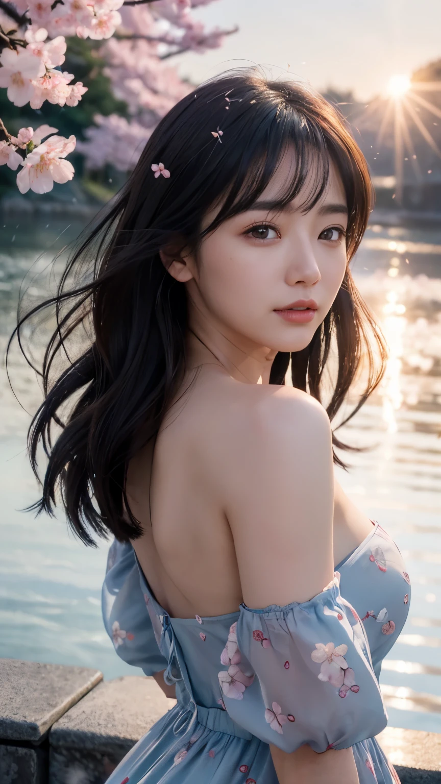 (logo、masterpiece、8k、Tabletop、RAW Photos、wonderful、最high quality、Photorealistic and Very detailed CG integrated 8k wallpaper、high quality、Very detailed、Narrative poem、Particle Effects、Dynamic Effects、Written boundary depth、Cinematic Light、Lens flare、Ray Tracing)、Fantasy、 (One beautiful woman、dress、dress、Cherry blossom pattern、Black-haired、Beautiful Face、True Face、Beautiful details、eye、Beautiful Skin)、私の髪はWindに舞う、Hair flutters in Wind、Hair bounces、Pink cherry blossom tree、Petals fluttering、SakuraFubuki、wonderful scenery、sunrise、Sun in the background、Wind