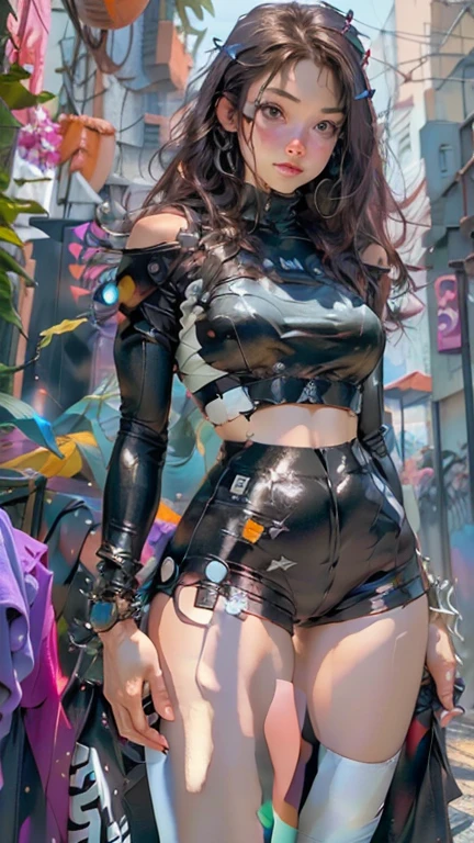 Woman body defined thick thighs cybernetic body parts, short underwear